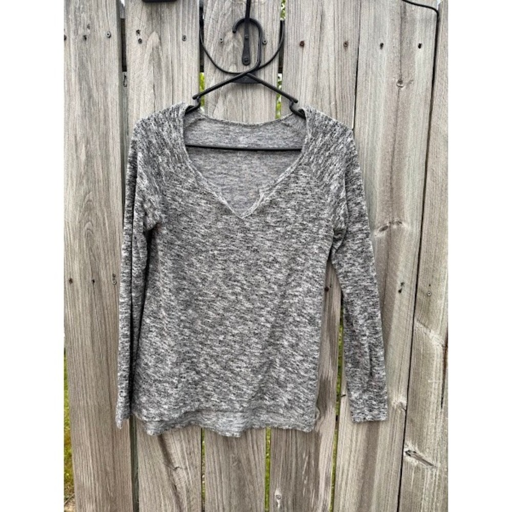SO Cozy Knit Long Sleeve Top Heathered Grey Notched V-Neck Raglan Shirt Womens S